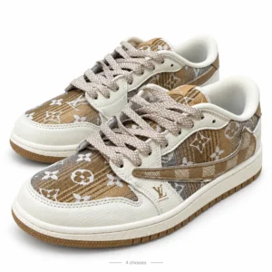 کفش کتانی ترویس اسکات × لویی ویتون (Travis Scott × LV) گلد کرم (کیفیت مستر)
